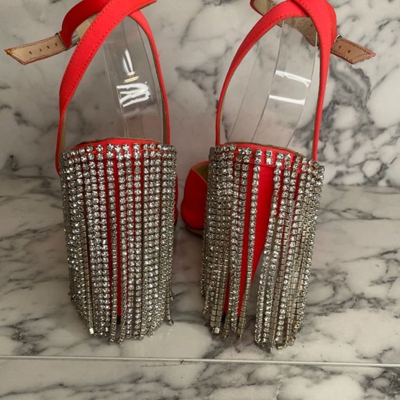 AREA Neon Orange Crystal Chandelier Canvas Block Heel Point Toe Pumps - Picture 5 of 11
